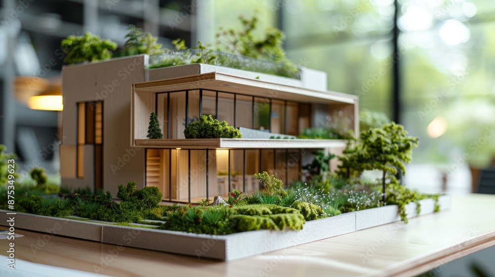 Architecture model of a large house with a tree in front of it. The house has a lot of windows and a balcony Architecture model of a large house with a tree in front of it. The house has a lot of windows and a balcony