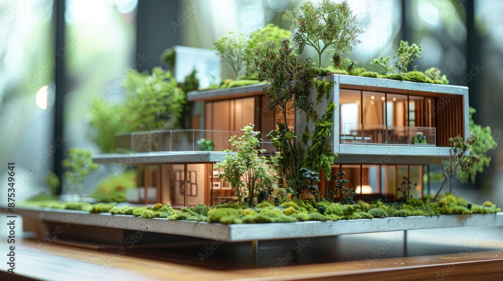 Paper architecture model of a contemporary green house with eco-landscape in an office. Paper architecture model of a contemporary green house with eco-landscape in an office.