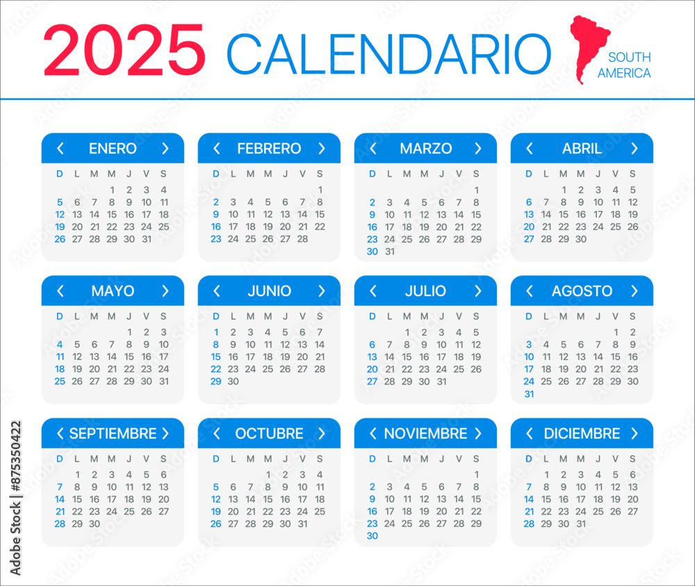 2025 Calendar - vector template graphic illustration - South Latin American Version 2025 Calendar - vector template graphic illustration - South Latin American Version
