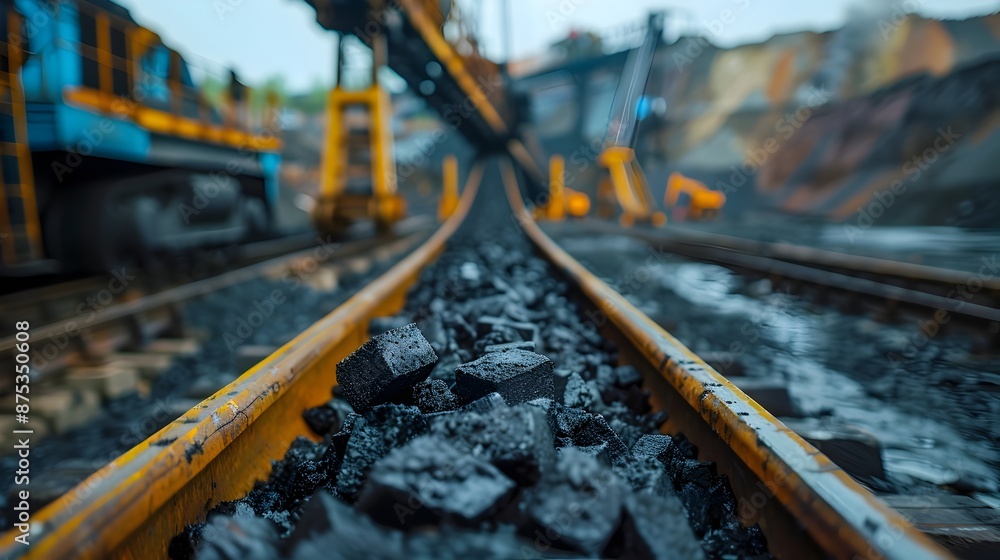 Shallow Depth of Field Shot of Coal Chunks on Industrial Conveyor Belt Shallow Depth of Field Shot of Coal Chunks on Industrial Conveyor Belt
