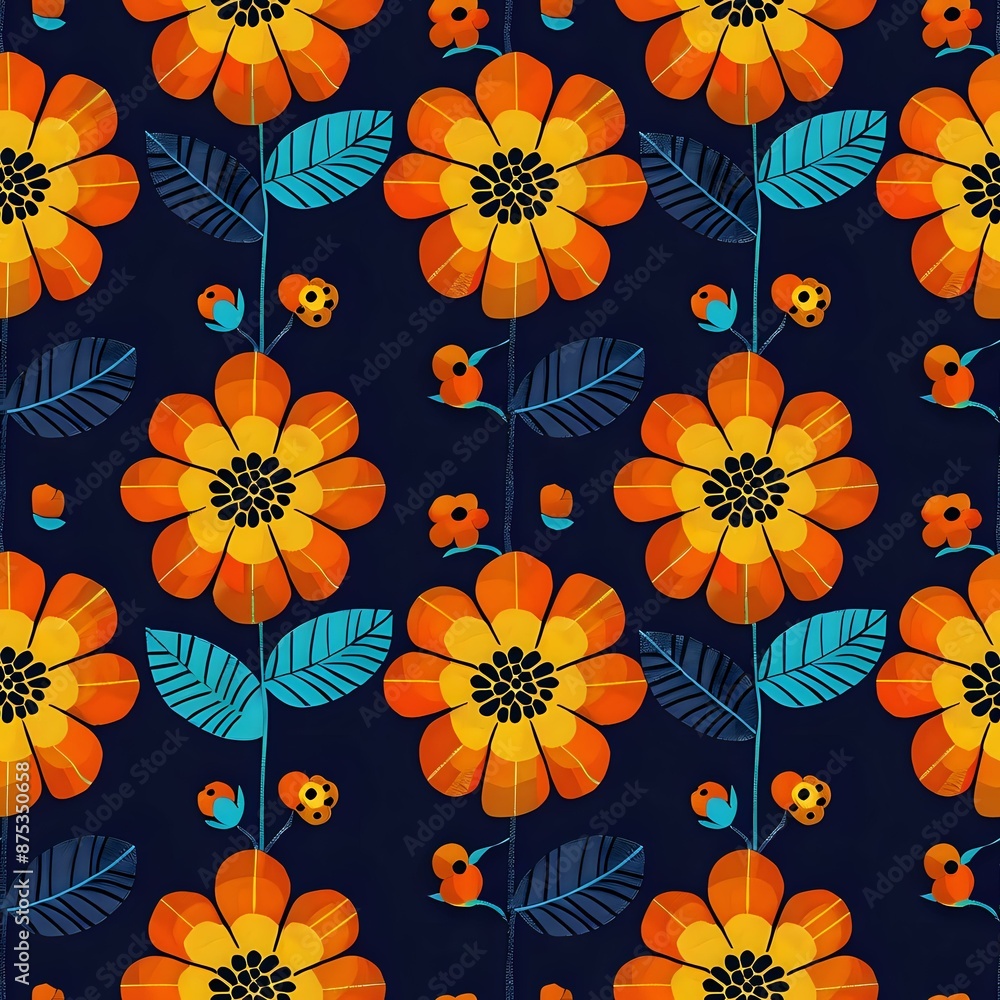 Simple Scandinavian Floral Pattern with Orange Flowers and Blue Leaves Simple Scandinavian Floral Pattern with Orange Flowers and Blue Leaves