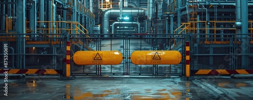 Barrier with warning signs in a chemical plant, symbolizing industrial safety precautions, Barrier, Precaution photo