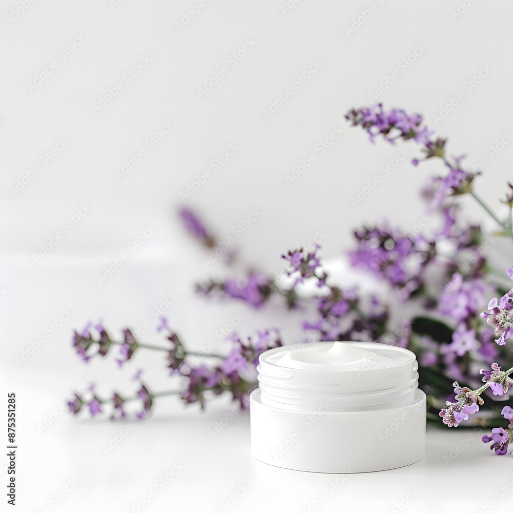White open jar of facial cream with purple lavender flowers on white background White open jar of facial cream with purple lavender flowers on white background