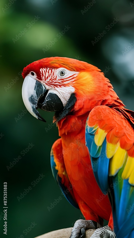 A parrot with a red and yellow face and a black beak with a red line around the top A parrot with a red and yellow face and a black beak with a red line around the top