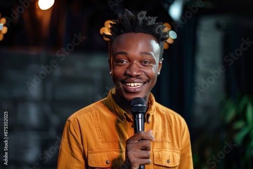 A happy individual dressed in an orange jacket is smiling warmly while holding a microphone, possibly preparing to entertain or address an audience under soft, warm lighting. photo