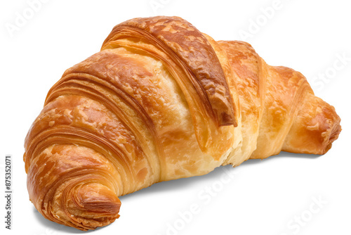 Freshly baked croissant with a crispy transparent, golden exterior and soft, buttery layers inside
