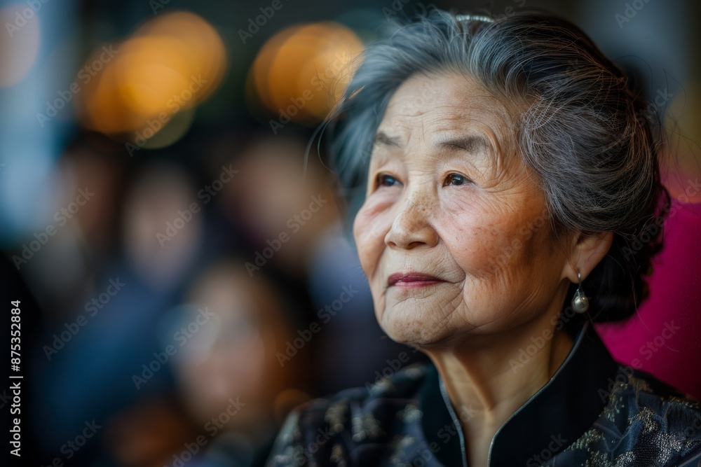 An elderly woman with gray hair and a serene expression gazes upward, her dignified presence and stylish earrings adding to her elegance at a formal event setting. An elderly woman with gray hair and a serene expression gazes upward, her dignified presence and stylish earrings adding to her elegance at a formal event setting.
