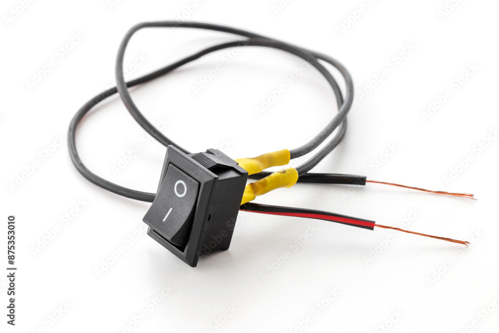 small switch button connected to DC wires, on white background small switch button connected to DC wires, on white background