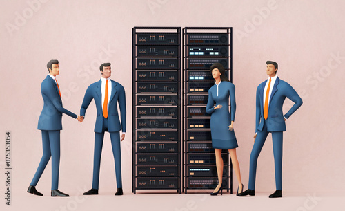 Business people handshake as symbol of working together on the project, modern powerful computer rack and the background. Technology and computing startup idea, 3D rendering 