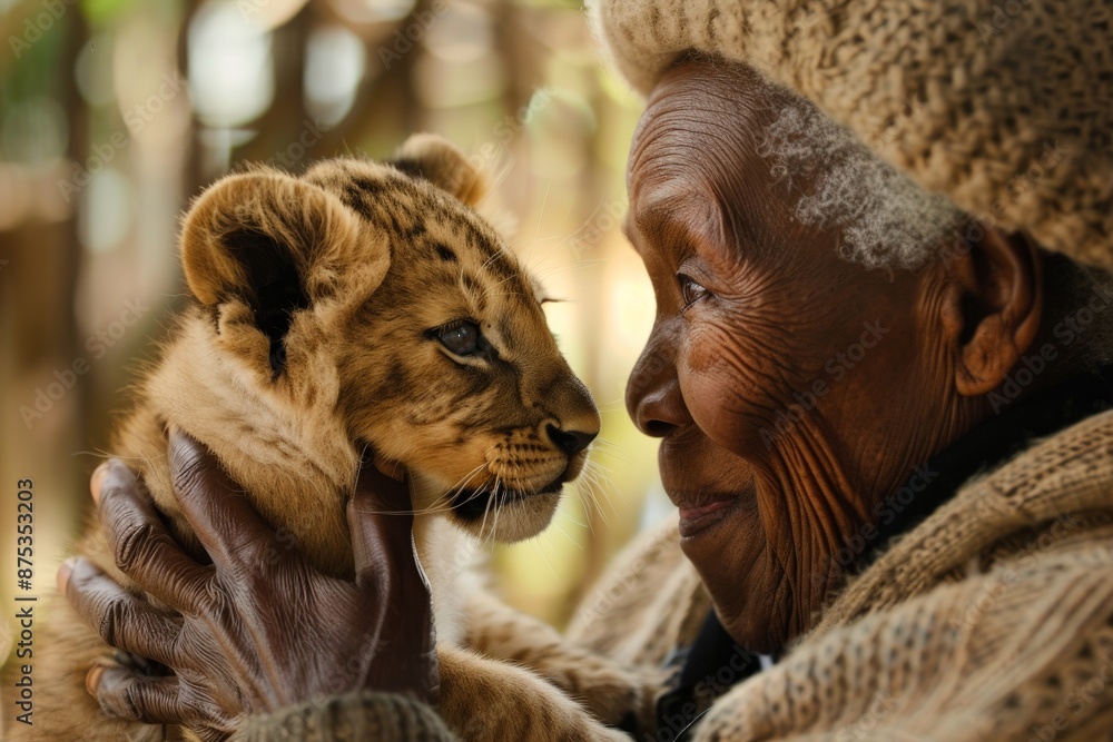 An elderly person is seen gently cradling a lion cub against a serene forest background, showcasing a tender moment between human and animal in nature.