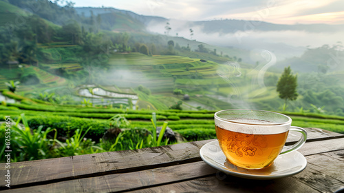 Wallpaper Mural Cup of Hot Tea with Sacking on Wooden Table and Rice Field Background Torontodigital.ca