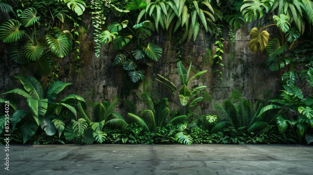 a concrete floor and a wall covered in dense tropical greenery background a concrete floor and a wall covered in dense tropical greenery background