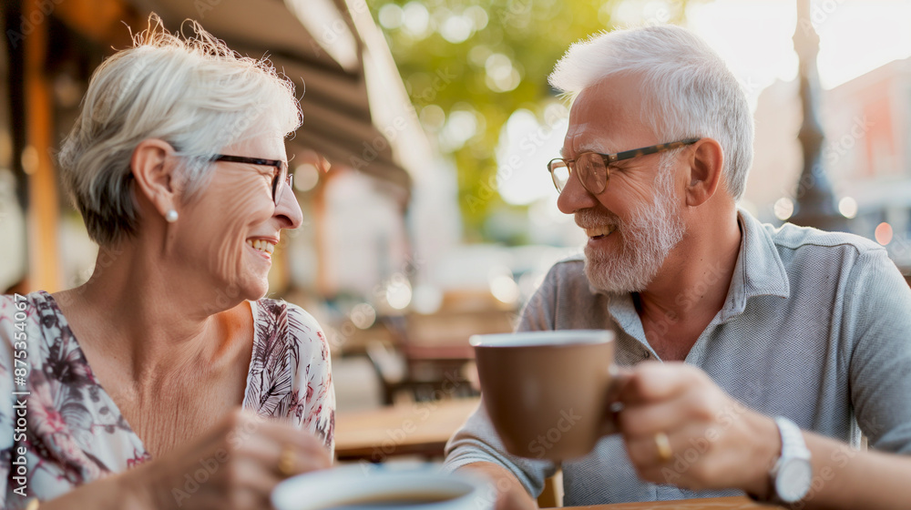 Close-up photo of a two senior person drinking coffee at the cafe in summer bright day while smiling and having a fun conversation, enjoying life in retirement Close-up photo of a two senior person drinking coffee at the cafe in summer bright day while smiling and having a fun conversation, enjoying life in retirement