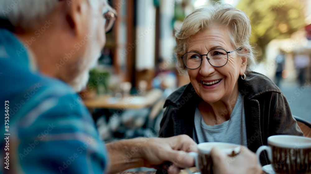Close-up photo of a two senior person drinking coffee at the cafe in summer bright day while smiling and having a fun conversation, enjoying life in retirement Close-up photo of a two senior person drinking coffee at the cafe in summer bright day while smiling and having a fun conversation, enjoying life in retirement