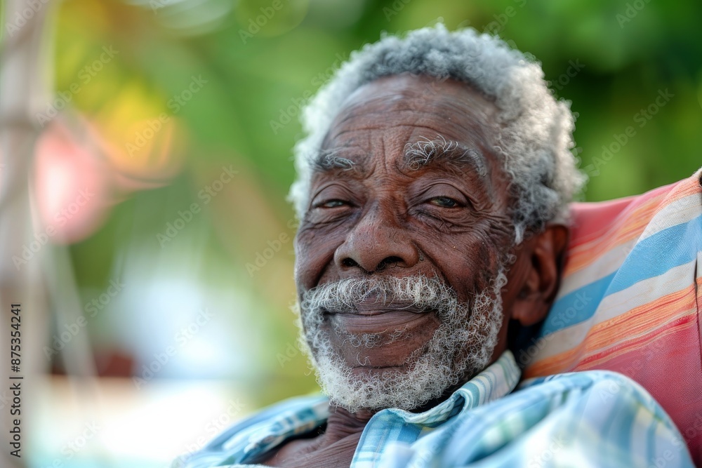 An elderly man with curly hair and a gray beard smiles gently while relaxing on a colorful chair outdoors, exuding a sense of peace, contentment, and simplicity in life.