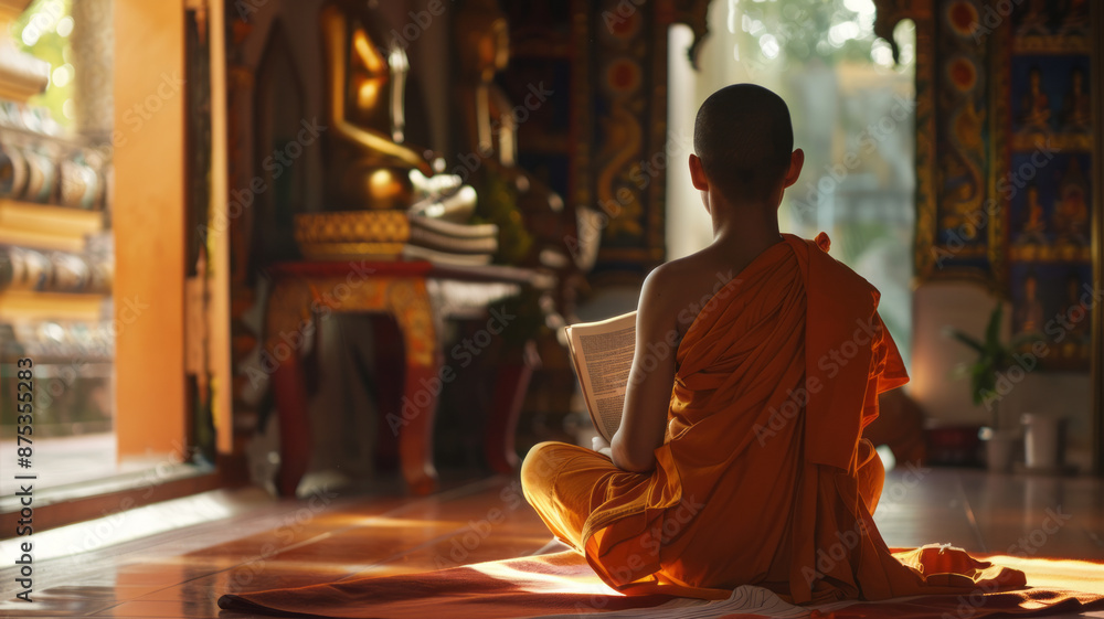 a young monk sitting with his back turned and reading a Dhamma book.generative ai a young monk sitting with his back turned and reading a Dhamma book.generative ai