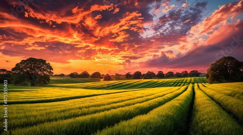 Sunset Glow on Verdant Fields and Trees Sunlight Filtering Through Autumn Trees