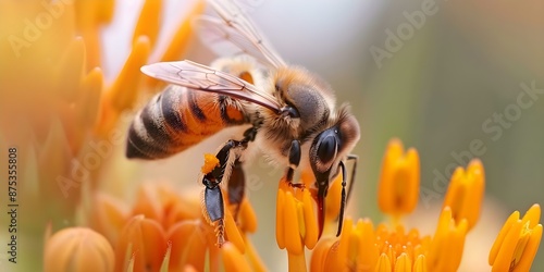 Close-up shot of a honeybee gathering pollen from vibrant orange flowers showcasing intricate features. Concept Macro Photography, Nature Close-ups, Honeybee Pollination, Vibrant Floral Details photo