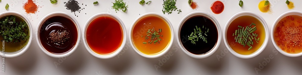 a variety of sauce in small white bowls on isolated background, top view, high resolution a variety of sauce in small white bowls on isolated background, top view, high resolution