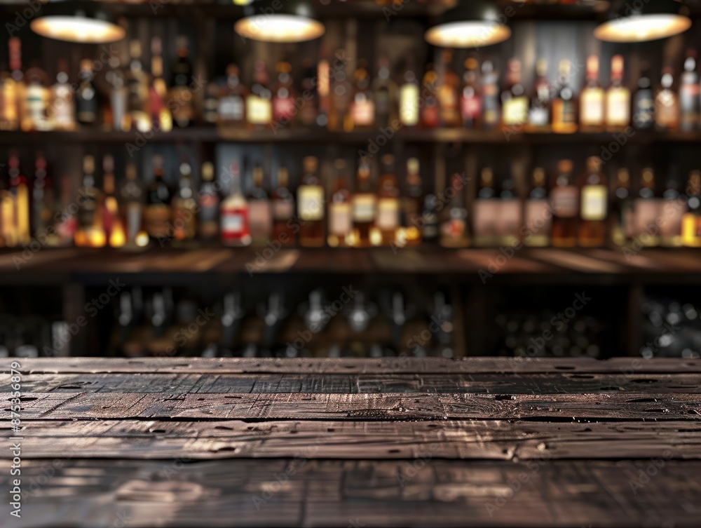 empty wood table top with blurred. shelves full of bottles in the bar background, for product display montage. Concept for advertising design, layout presentation.banner empty wood table top with blurred. shelves full of bottles in the bar background, for product display montage. Concept for advertising design, layout presentation.banner