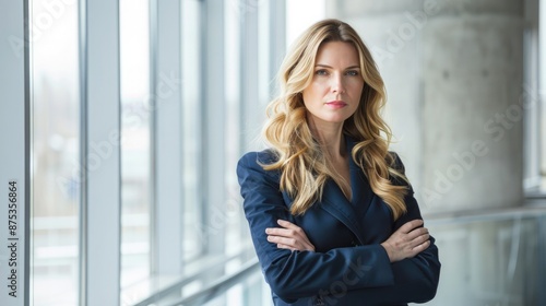 Confident European business woman with arms crossed, standing in a sleek modern office with large windows, blonde hair, wearing a dark blue suit. European business woman arms crossed Free Download Confident European business woman with arms crossed, standing in a sleek modern office with large windows, blonde hair, wearing a dark blue suit. European business woman arms crossed - GFXLoad