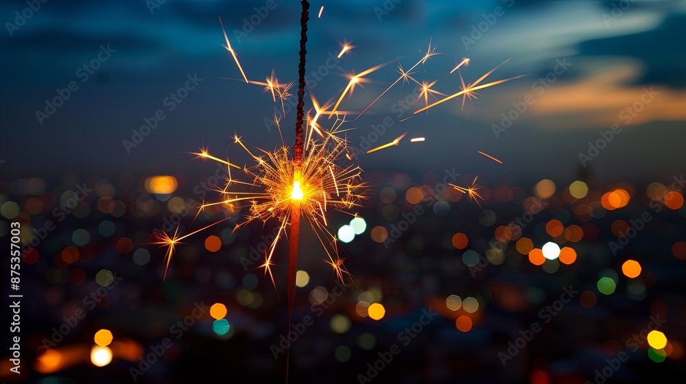 Obraz premium Sparkler glowing against city lights.