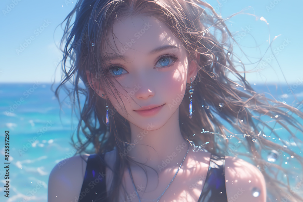 A very beautiful girl with expressive facial features, pouty lips, detailed eyes, and knee-length hair, standing in the ocean and smiling joyfully A very beautiful girl with expressive facial features, pouty lips, detailed eyes, and knee-length hair, standing in the ocean and smiling joyfully