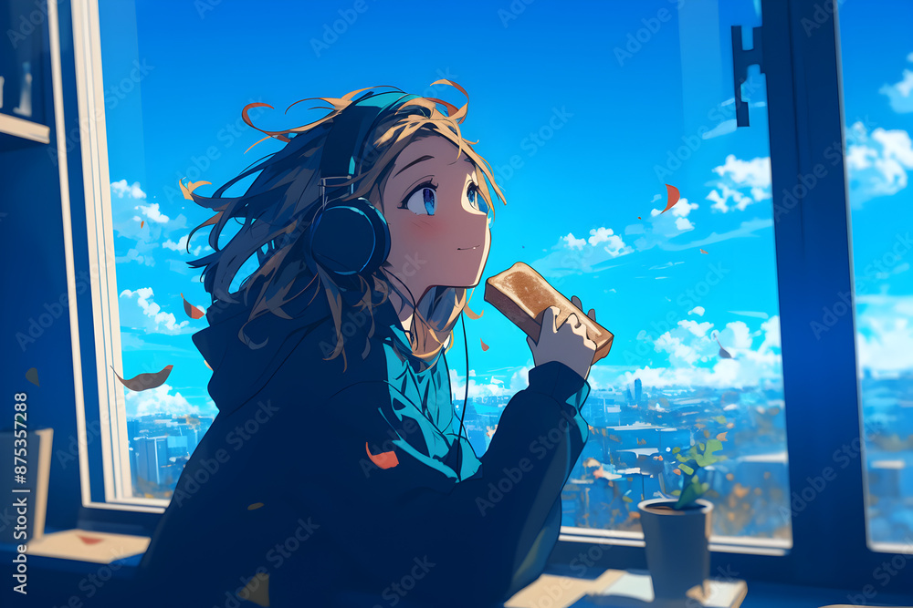 Girl Vibing to Music with Headphones, Eating Toast by the Window with a Clear Blue Sky. Anime style, Cozy vibes Girl Vibing to Music with Headphones, Eating Toast by the Window with a Clear Blue Sky. Anime style, Cozy vibes