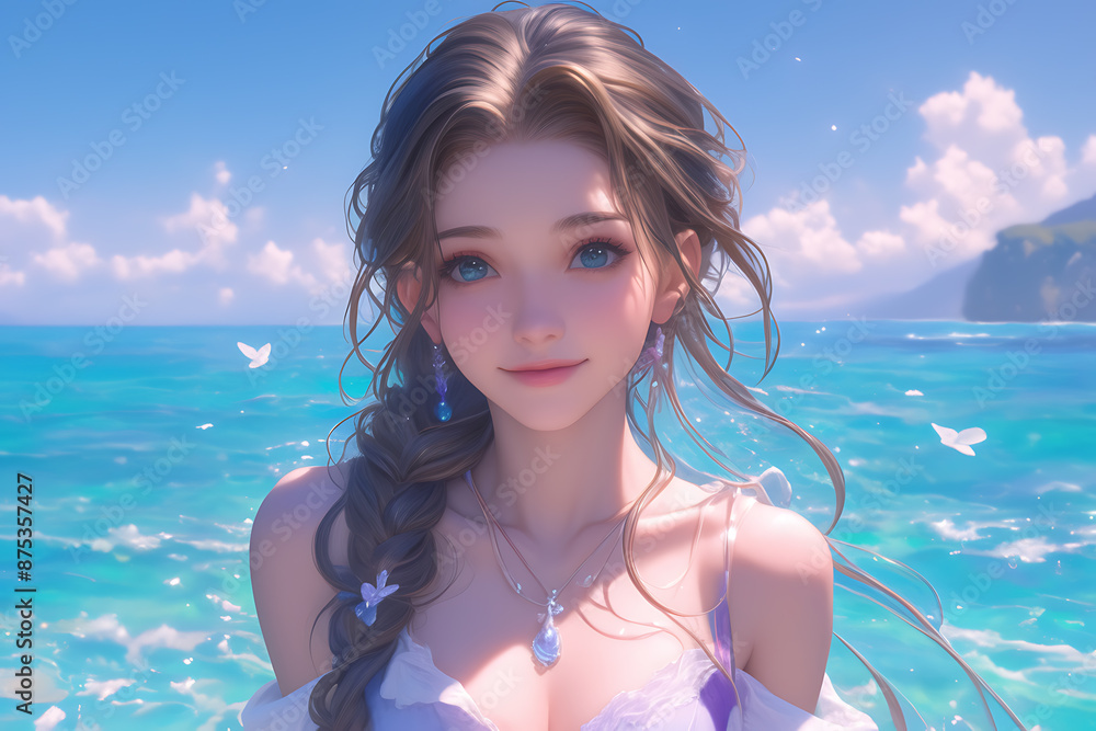 A very beautiful girl with expressive facial features, pouty lips, detailed eyes, and knee-length hair, standing in the ocean and smiling joyfully A very beautiful girl with expressive facial features, pouty lips, detailed eyes, and knee-length hair, standing in the ocean and smiling joyfully