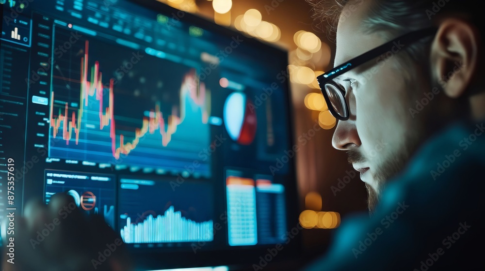 A man looking at a computer screen with stock charts. A man looking at a computer screen with stock charts.