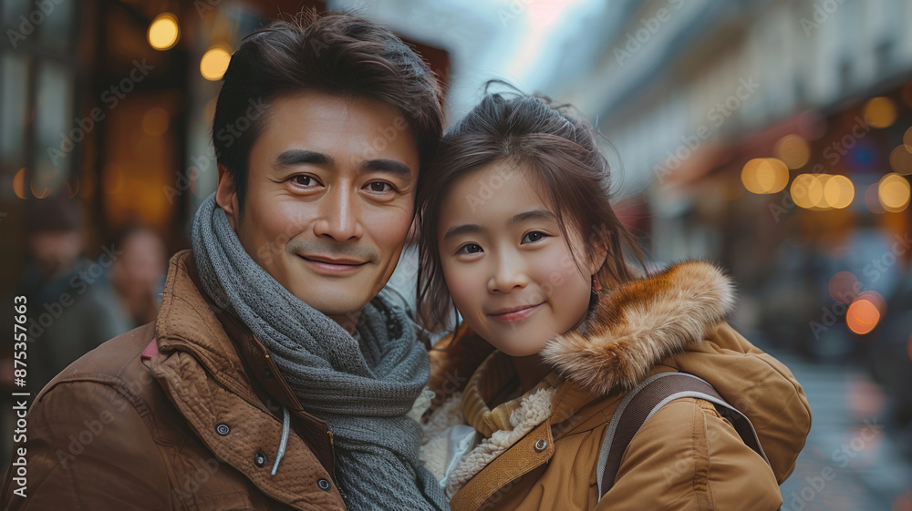 an asian family, father hugging mother and son, happy, simple background.generative ai an asian family, father hugging mother and son, happy, simple background.generative ai