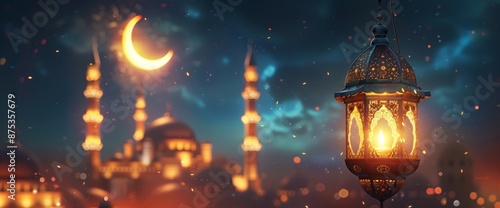 Elegant lantern with crescent moon and mosque on night background for Ramadan Kareem © Pavel
