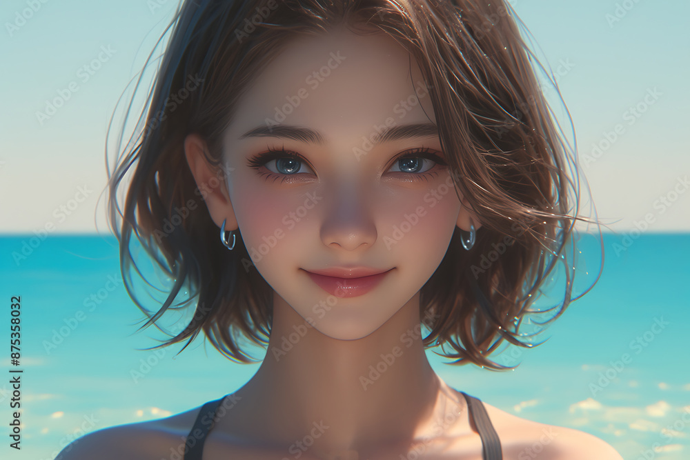 A very beautiful girl with expressive facial features, pouty lips, detailed eyes, and knee-length hair, standing in the ocean and smiling joyfully A very beautiful girl with expressive facial features, pouty lips, detailed eyes, and knee-length hair, standing in the ocean and smiling joyfully