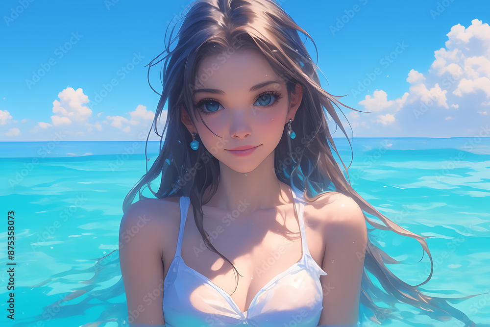 A very beautiful girl with expressive facial features, pouty lips, detailed eyes, and knee-length hair, standing in the ocean and smiling joyfully A very beautiful girl with expressive facial features, pouty lips, detailed eyes, and knee-length hair, standing in the ocean and smiling joyfully
