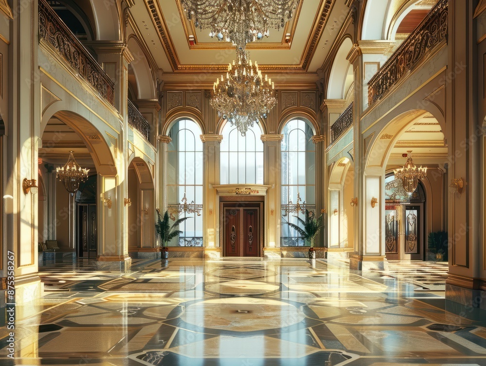 Fototapeta premium Grand Lobby With Chandelier and Hanging Fixture