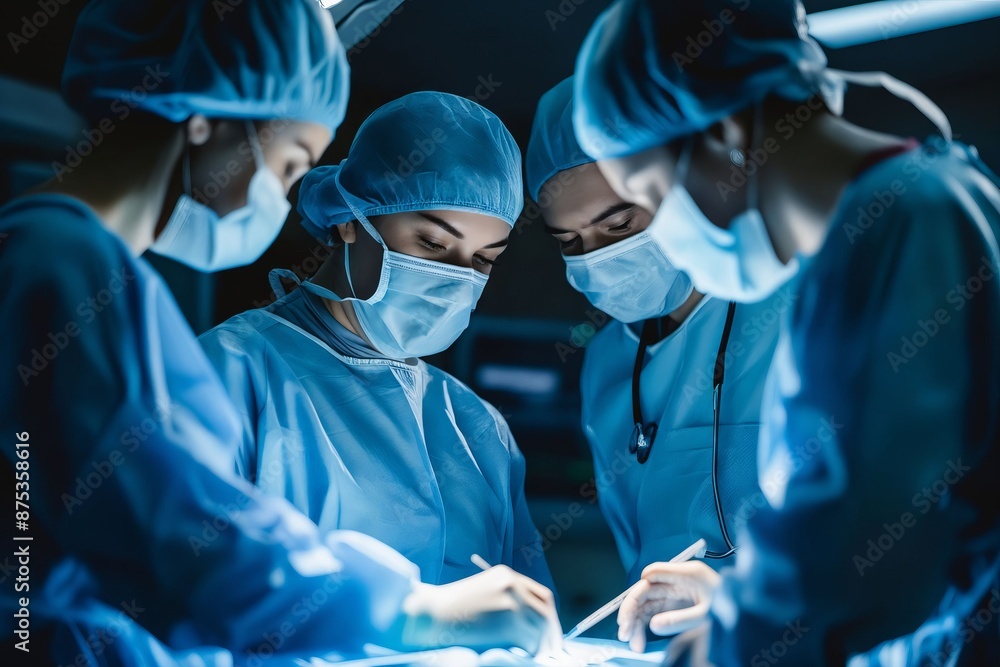 Three surgeons in surgical gear are working together. Three surgeons in surgical gear are working together.