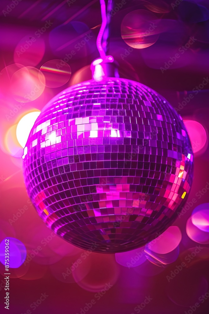 Obraz premium Disco Ball Reflecting Purple Lights.