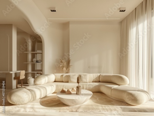 Living room interior design, cream and pastel tones, minimalism, natural light. Generative AI. © Johannes
