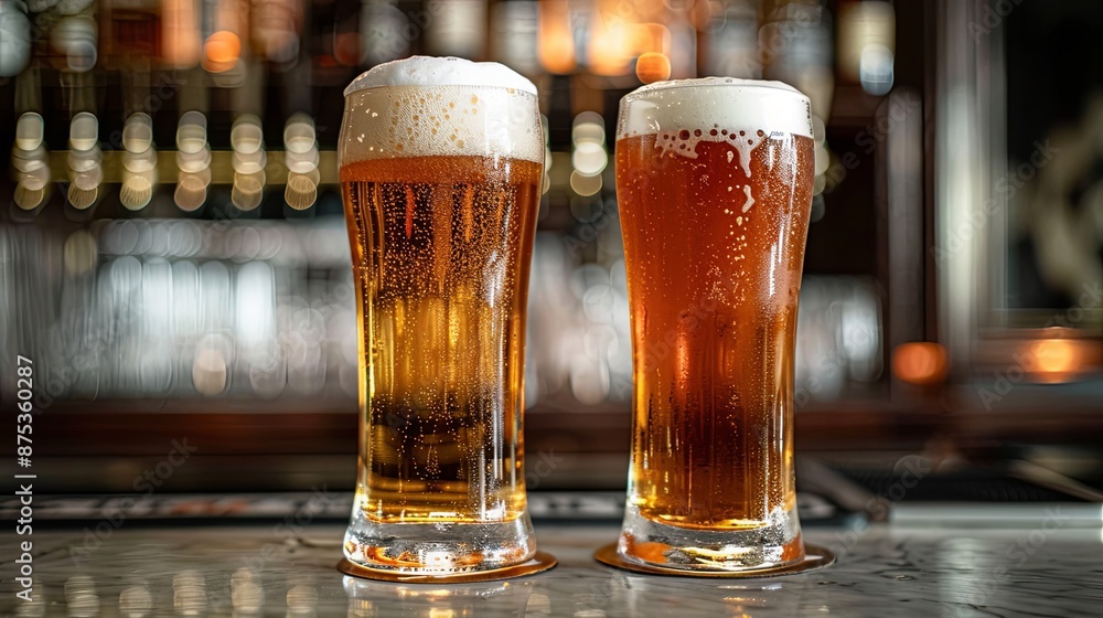 Two Glasses of Beer on a Bar Counter. Two Glasses of Beer on a Bar Counter.
