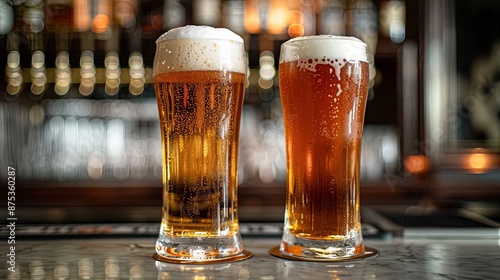Two Glasses of Beer on a Bar Counter.