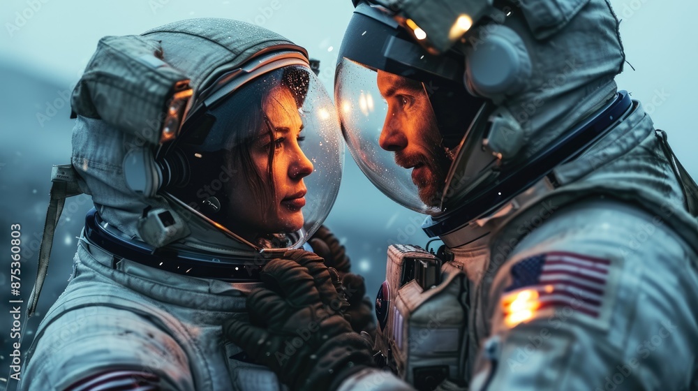 Φωτογραφία The side view of the couple astronaut human that has traveling to the various place on the land but yet it looks like human still trying to find something to be next target of the exploration