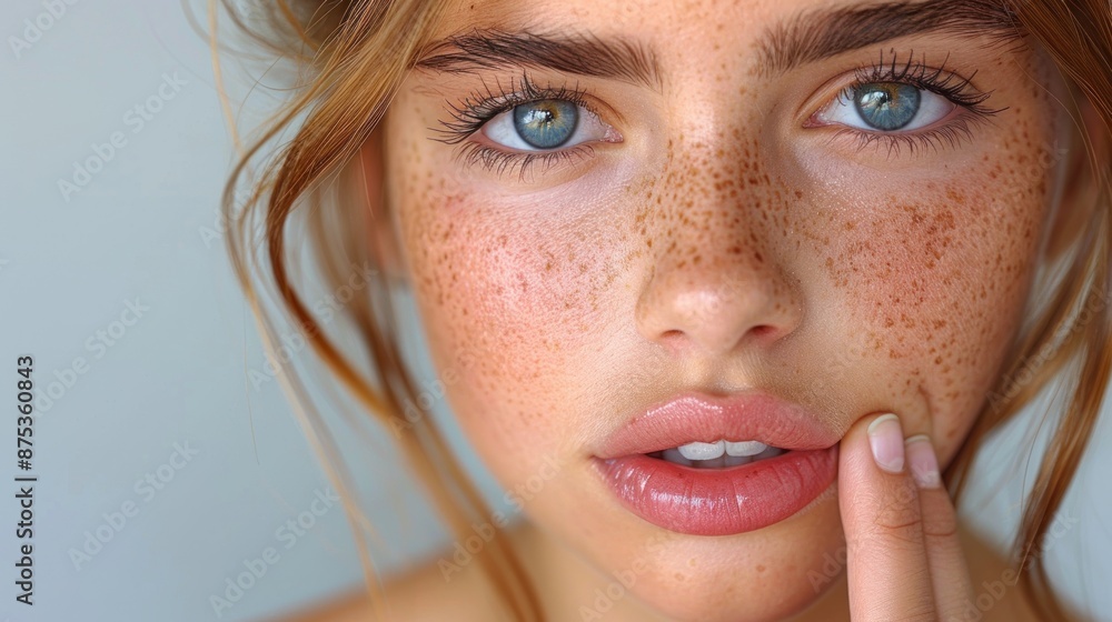 Close-up of facial freckles on the face. Facial health care and cosmetics concept. Close-up of facial freckles on the face. Facial health care and cosmetics concept.