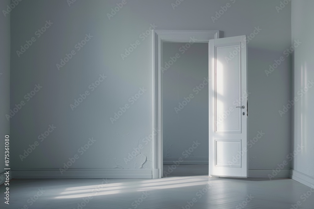 An empty room with pale walls and a white open door. Sunlight streams in, casting shadows on the bare floor. An empty room with pale walls and a white open door. Sunlight streams in, casting shadows on the bare floor.