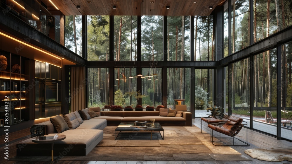 chic modern design of a dark expensive interior of a luxurious country house with huge panoramic windows and a magnificent view of the divine forest chic modern design of a dark expensive interior of a luxurious country house with huge panoramic windows and a magnificent view of the divine forest