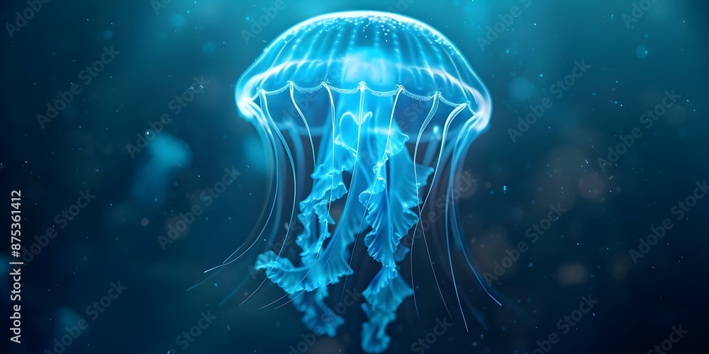 Obraz premium Bioluminescent jellyfish shining in ocean depths reveal the beauty of the underwater world. Concept Marine Life, Bioluminescence, Underwater Photography, Ocean Exploration, Jellyfish Adaptation