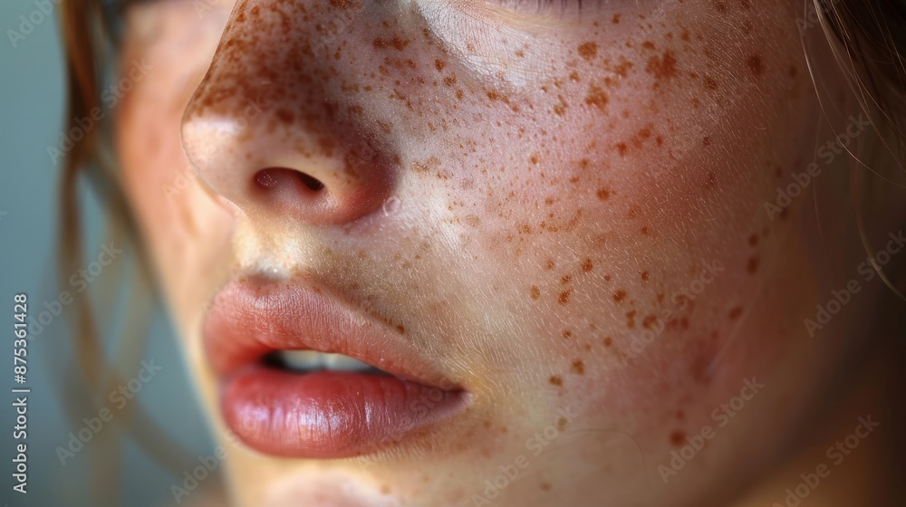 Fototapeta premium Close-up of facial freckles on the face, Facial health care and cosmetics concept.