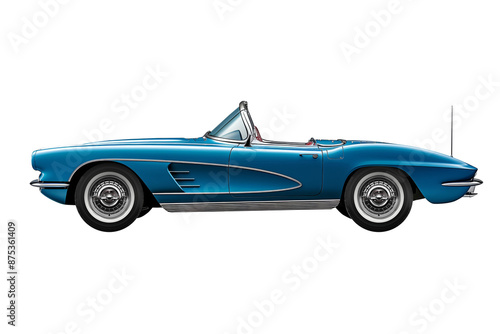 Passenger retro classic sport blue car isolated on a white background, with clipping path. Full Depth of field. Focus stacking, side view photo