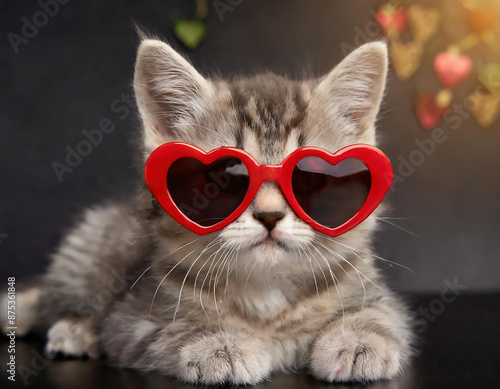 A ginger cat sporting heart-shaped sunglasses against a dark background, exuding cool and playful vibes. photo