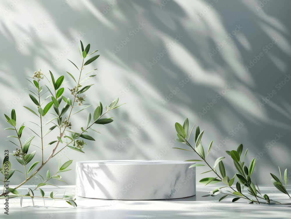Product display podium for natural product Empty scene with olive tree branch Cosmetic mockup clean Product display podium for natural product Empty scene with olive tree branch Cosmetic mockup clean