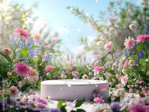 Fototapeta Naklejka Na Ścianę i Meble -  Product podium for product presentation and display with garden summer and spring flowers, floral summer background podium for cosmetic, with nature in the background. Generating AI